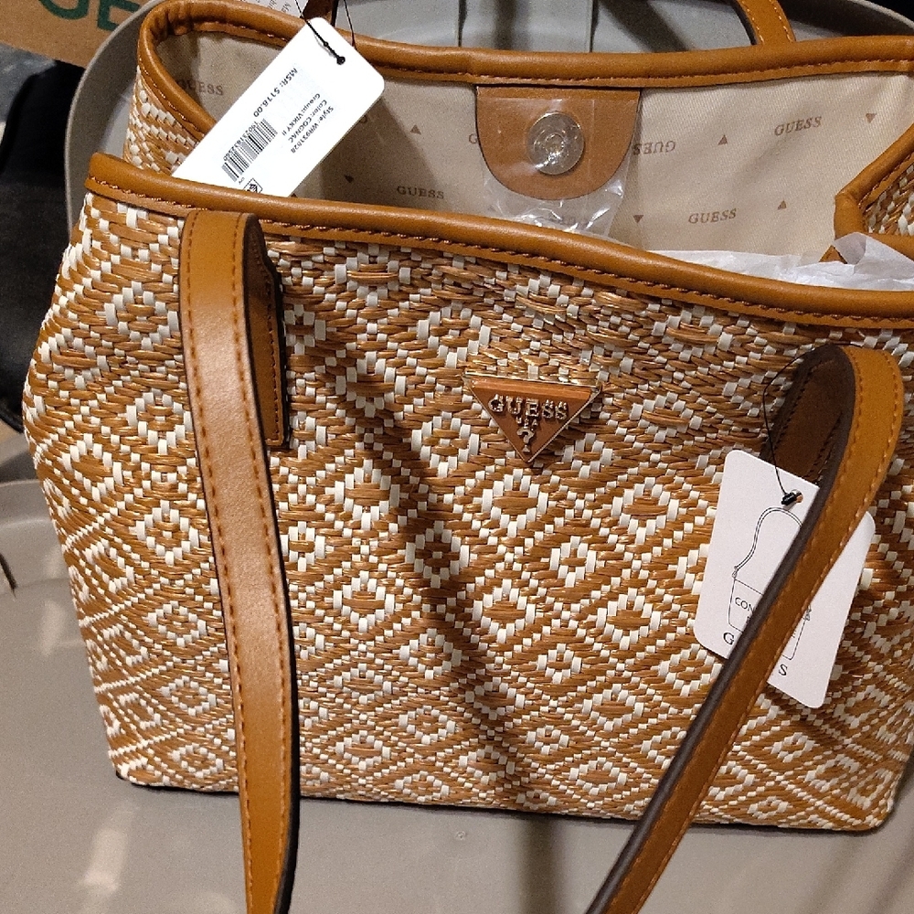 Guess Tan Geometric Tote with Woven Texture